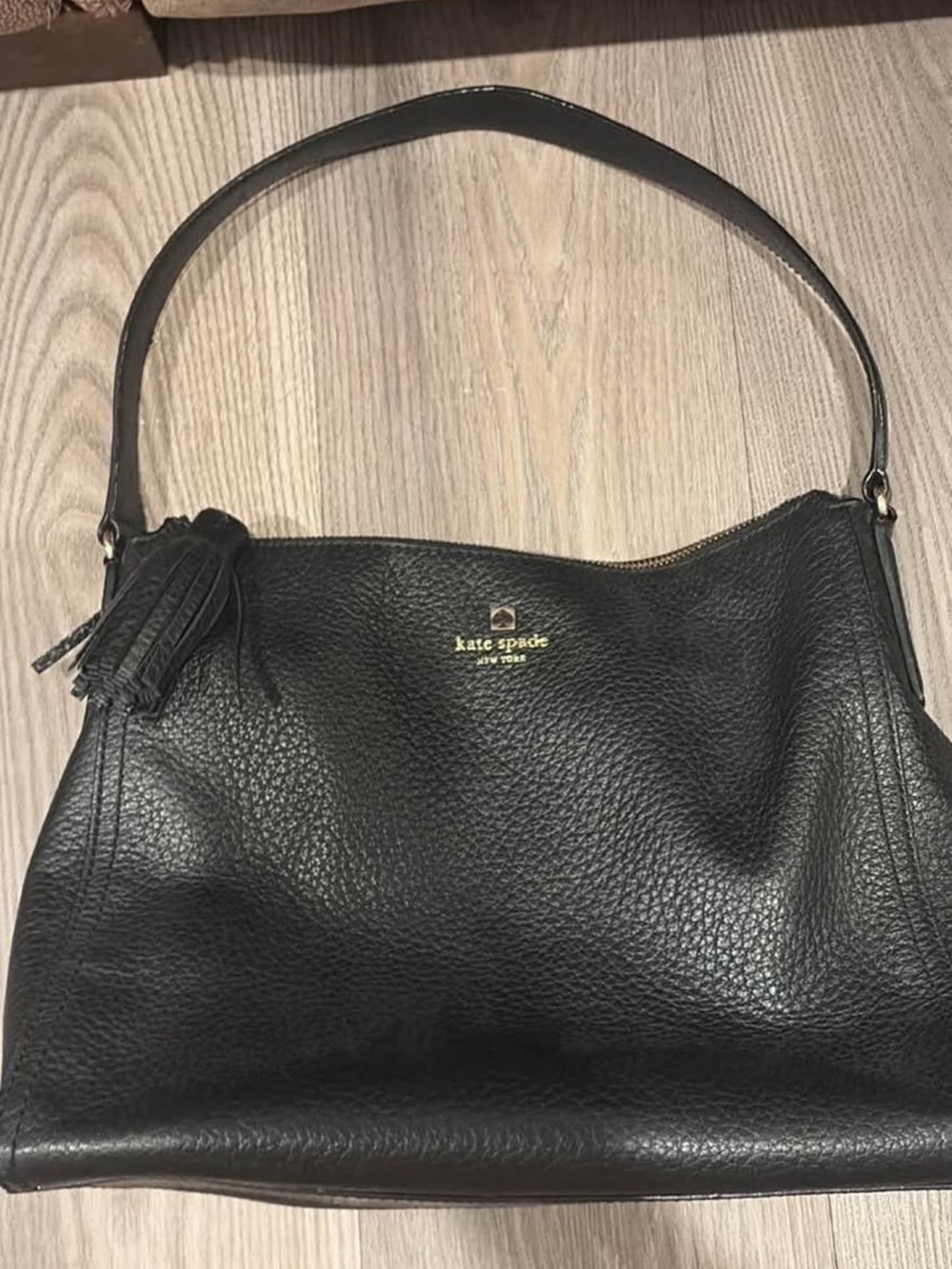 kate spade Black Pebbled Leather Shoulder Bag with Tassel